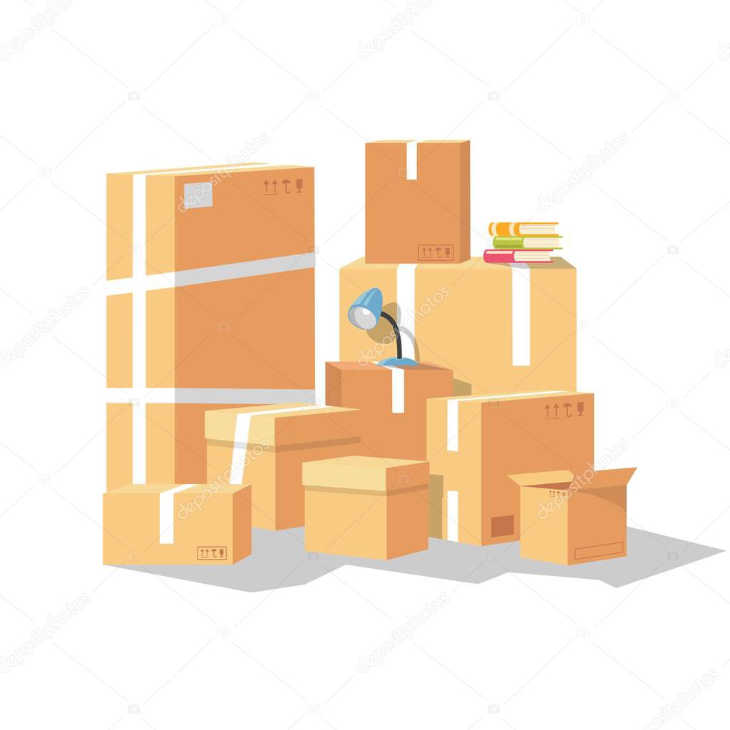 Vector set of group of cardboard boxes. Transport or removal company offering services of relocation