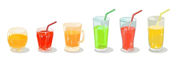 빨대가 달린 다양한 크기의 유리 제품에서 녹색, 노란색, 주황색, 빨간색 음료. — 스톡 벡터