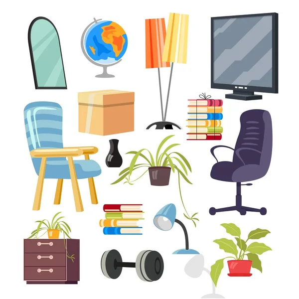 Meubels, planten, boeken, objecten van het interieur voor thuis of op kantoor. — Stockvector