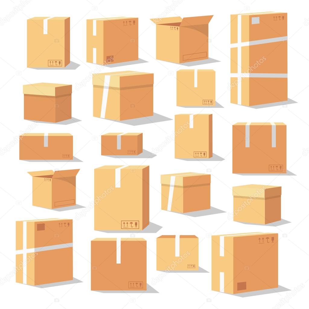 Set of isometric cardboard boxes. Delivery box package. Different cardboard boxes isolated on white.