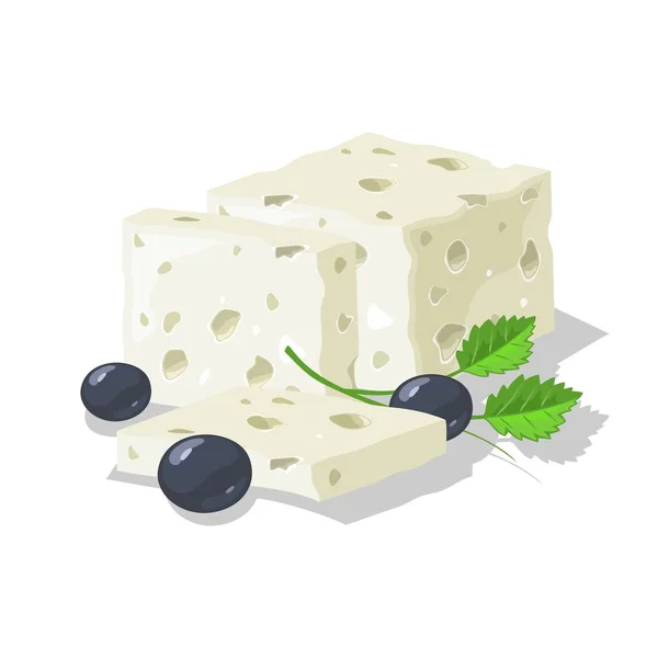 Lahodný modrý, braný nebo Okurkový sýr odřezaný na plátky, podávaný s olivami a zelení. — Stockový vektor
