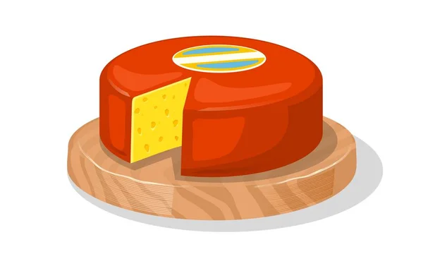 Kolo lahodného žlutého sýra s pomazánem pokrytého červeným voskem je na kruhové desce pro řezání dřeva. — Stockový vektor