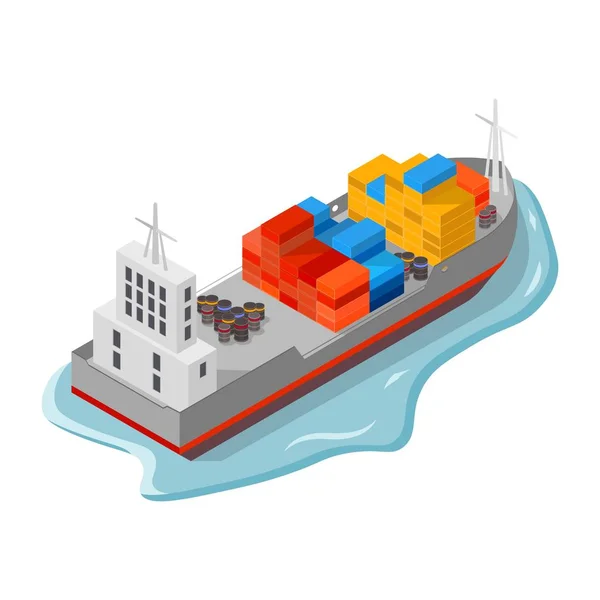 Φορτηγό πλοίο με δοχεία, κουτιά και βαρέλια. Υπηρεσίες παράδοσης θαλάσσιων μεταφορών και μεταφοράς εμπορευμάτων. — Διανυσματικό Αρχείο