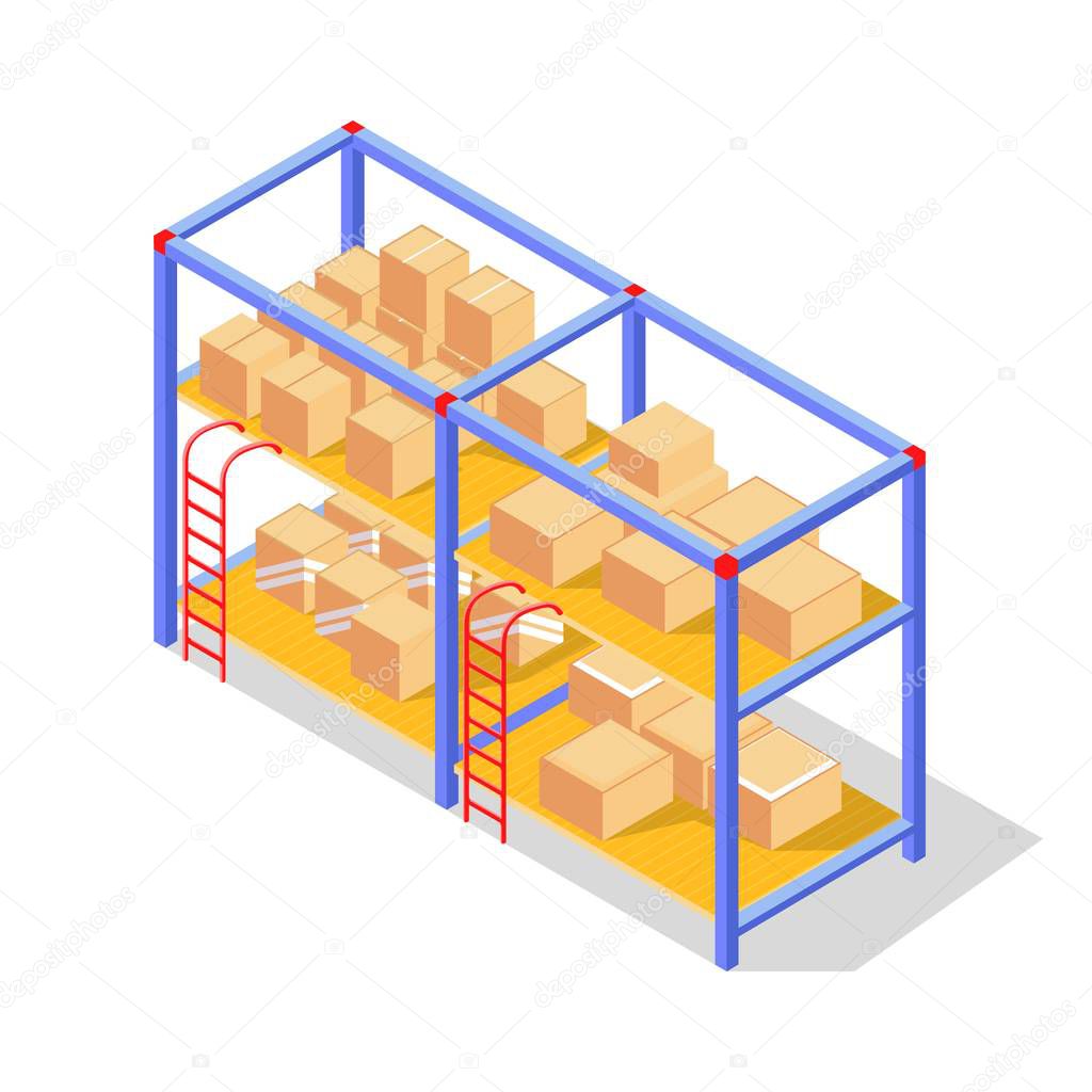 Goods, products in cardboard boxes or wooden crates storing on racks of warehouse. Depot.