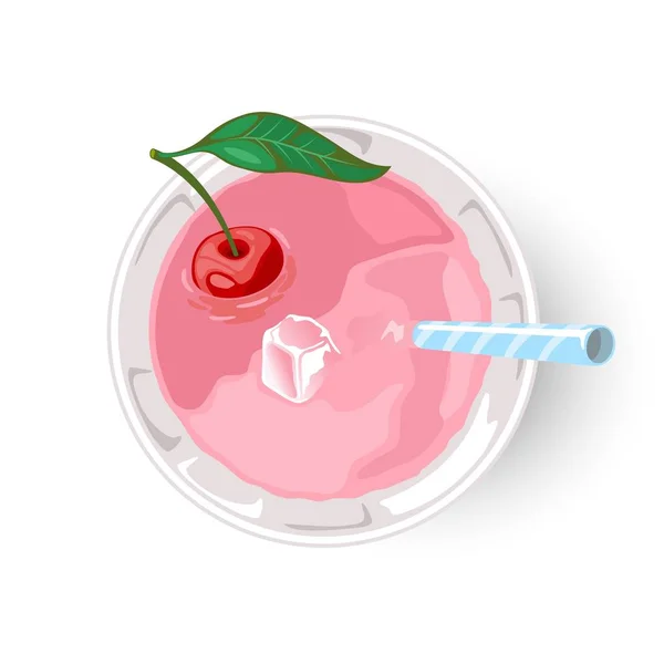 Mocktail ou bebida alcoólica em vidro com cubo de gelo, cereja e palha . — Vetor de Stock