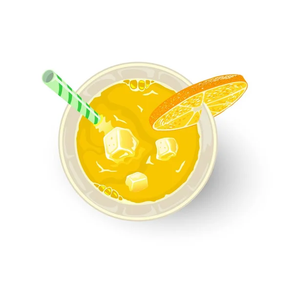 Bebida amarela de frutas cítricas e outros ingredientes em vidro com palha, fatia de laranja ou limão . — Vetor de Stock