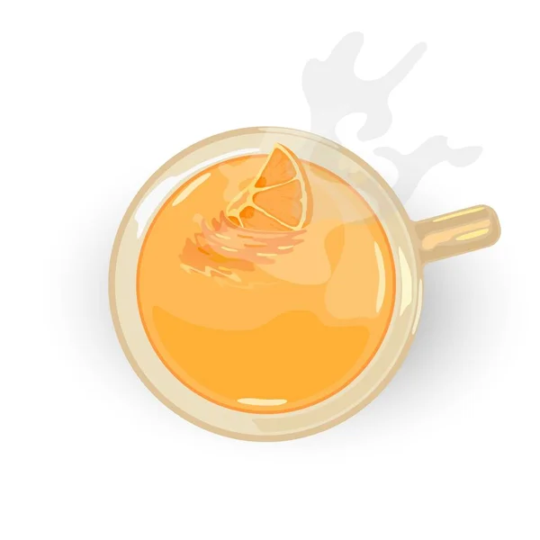 Chá aromático frutado amarelo com fatia de laranja no copo de cerâmica. Vista superior . — Vetor de Stock