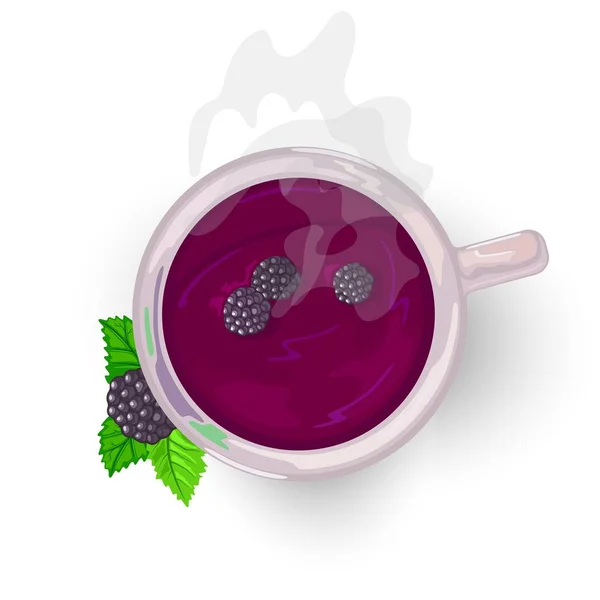 Berry tatlı gevşeme, böğürtlen, şurup veya reçel yeşil yaprakları ile süslenmiş ile sakinleştirici çay. — Stok Vektör