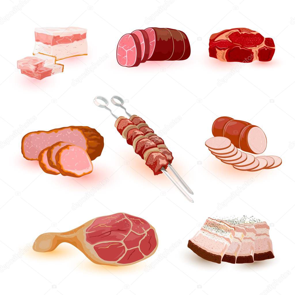 Big set with raw and prepared meat products salo, bacon, sausage, steak, shashlik, barbeque, gigot.