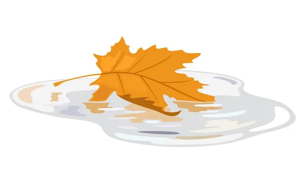Żółty liść klonu pływający w kałuży wody. Jesienny sezon, mokra pogoda, zmysłowa natura. — Wektor stockowy