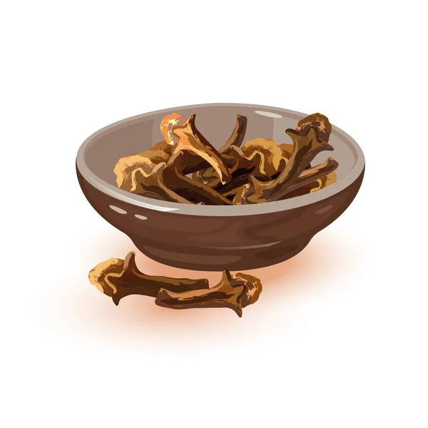 树叶在褐色的陶瓷碗里. 芳香干花蕾,用作香料,调味品. — 图库矢量图片