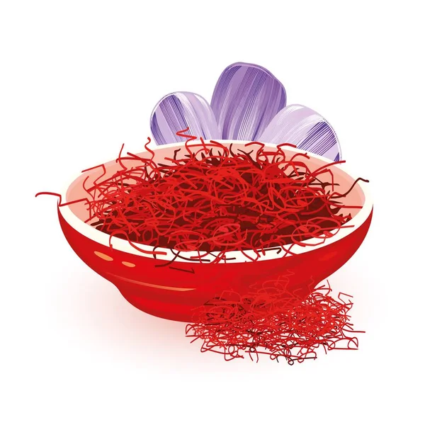 Dry red Saffron is in ceramic bowl near violet flower Crocus, source of this spice. — Stock Vector