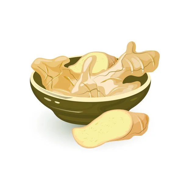 Wedges of fresh ginger rhizome are in ceramic bowl and near it, using as spice in cooking. — Stock vektor