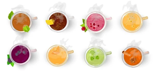 Tea assortment herbal, fruity, berry, yellow, oolong, green, black, Darjeeling, Chinese, masala chai. — Stock vektor