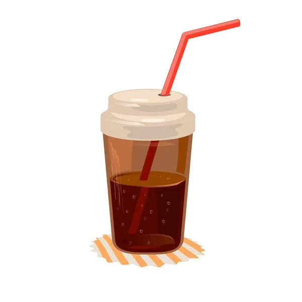 Cola eller cola dryck i stängd kopp med halm på servett. Söt kolsyrad mjuk brun dryck. — Stock vektor