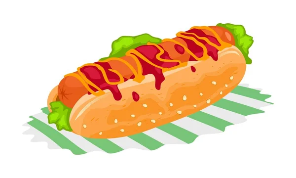 Le hot-dog cuit est sur la serviette. Sandwich grillé ou cuit à la vapeur avec saucisses et condiments . — Image vectorielle