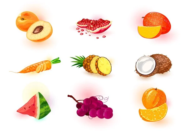 Set de vectores con frutas, bayas, verduras. Ingrediente saludable y sabroso para jugos, cócteles, batidos . — Vector de stock