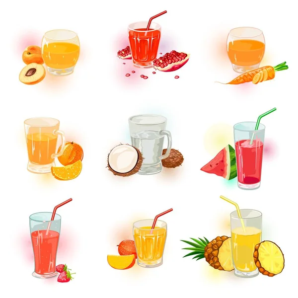 Zestaw wektorowy z asortymentem soków jagodowych, warzywnych i owocowych. Menu zimnych napojów. — Wektor stockowy