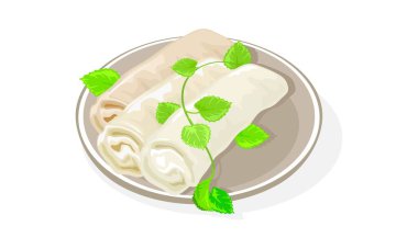 Lahana, havuç, diğer sebzeler ve et dolgulu aperatifler ince paketlenmiş silindirik hamur işleri..