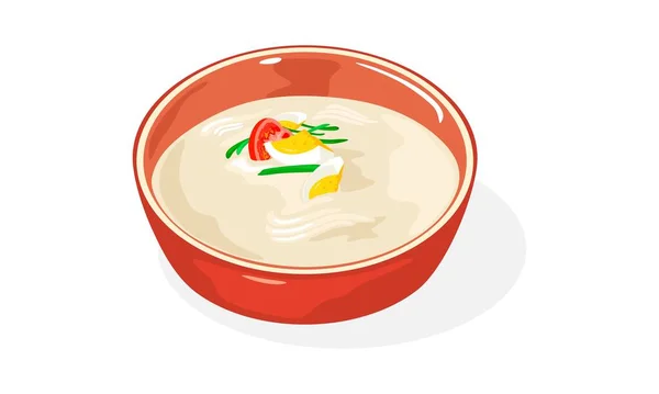 Cuenco rojo de Kongguksu. Plato de fideos coreanos de temporada servido en caldo de leche de soja fría. — Vector de stock
