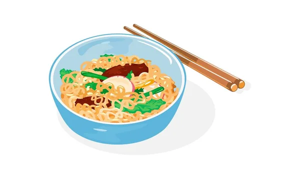 Plato de fideos chinos de estilo coreano rematado con salsa hecha de salsa tianmiana, cerdo en cubitos y verduras — Vector de stock