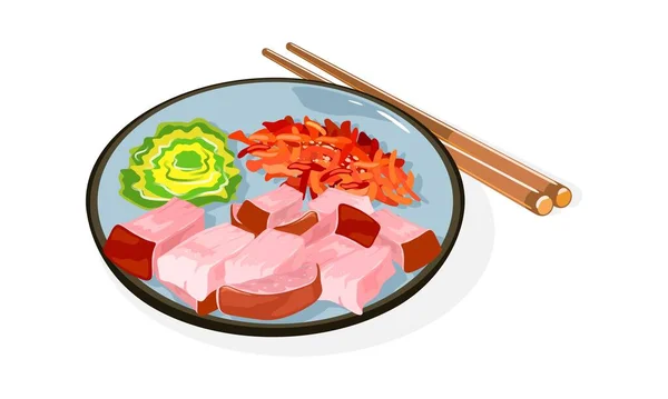 Plato de cocina coreana Bossam en plato y palillos. Hervido en especias, cerdo en rodajas finas con verduras. — Vector de stock