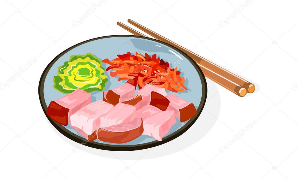 Korean cuisine dish Bossam on plate and chopsticks. Boiled in spices, thinly sliced pork with vegetables.