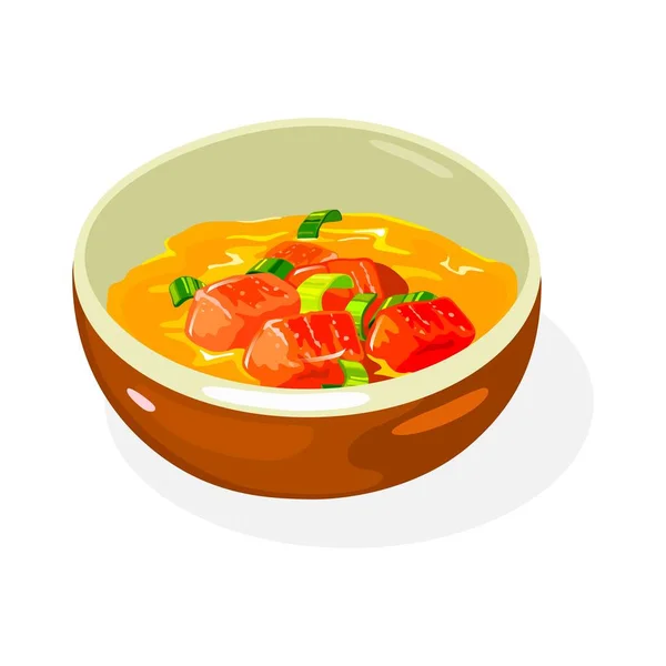 Гострий жовтий соус з нарізаними помідорами, скальйонами, зеленню в коричневій мисці. Корейська кухня. — стоковий вектор