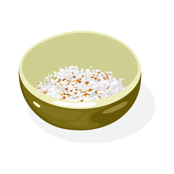 Crushed roasted sesame seeds and peanuts are in olive green colored bowl. Delicious asian seasoning. — Stock Vector