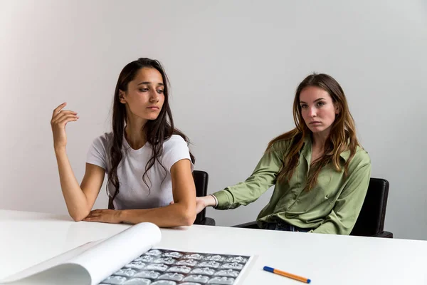 Pair Young Women Thought Scans Medium Shot — Stock Photo, Image