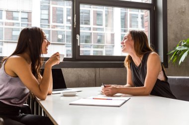 Bir kahve içmeye iki genç ofis çalışanları ofiste masa başında oturan ve konuşurken kır. Profil görünümü. 
