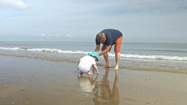 Bambino e nonno giocare con spiaggia sabbia — Video Stock