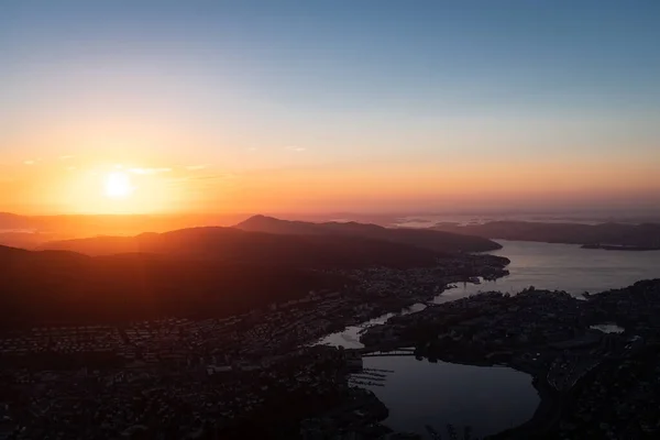 Cityscape Fjord Sunset Mountains Horizon Aerial View Panoramic — Stock Photo, Image