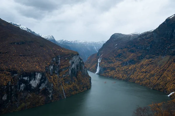 Geirangerfjord Noruega Panorama Fiordos Otoño Amplio Tiro — Foto de Stock