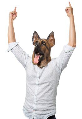 Kutlama için kollarını kaldırmış köpek maskesi takan bir adam. İzole edilmiş beyaz arka plan. Orta boy.. 
