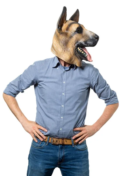 Man Wearing Dog Mask Hands Hips Head Turned Looking Away — Stock Photo, Image