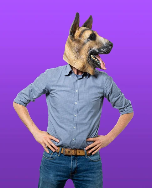 Man Wearing Dog Mask Hands Hips Head Turned Looking Away — Stock Photo, Image