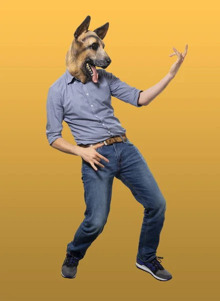 Man Wearing Dog Mask Playing Air Guitar Isolated Yellow Background — Stock Photo, Image