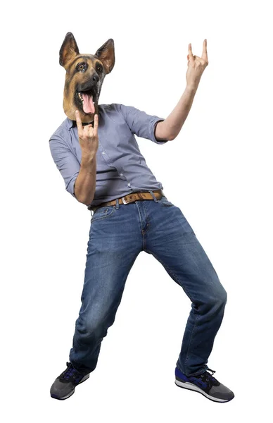Man Wearing Dog Mask Showing Rock Roll Hand Sign Full — Stock Photo, Image