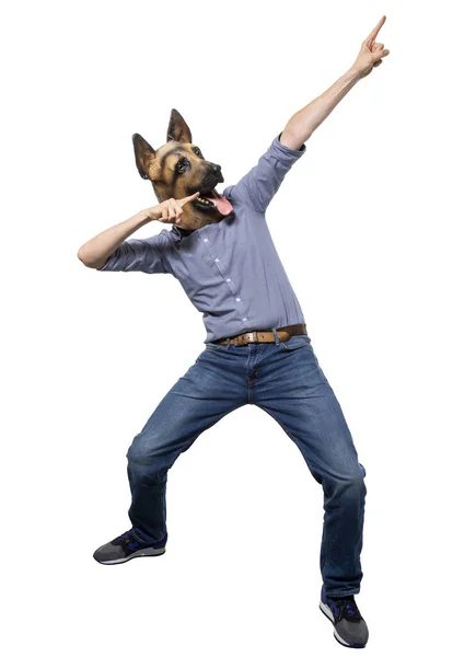 Mann Mit Hundemaske Zeigt Zeigefinger Feierlicher Pose Nach Oben Vereinzelter — Stockfoto