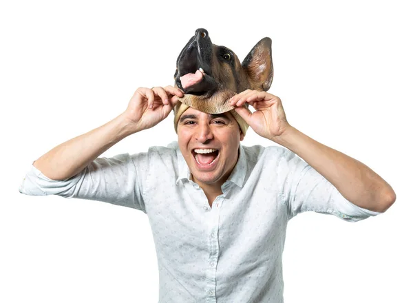 Man Tar Sig Hundmasken Och Skrattar Med Öppen Mun Isolerad — Stockfoto
