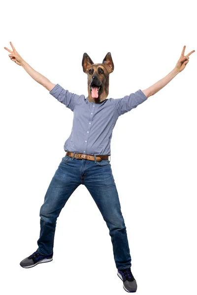 Pria Bertopeng Anjing Dalam Keberhasilan Pose Tanda Damai Panjang Penuh — Stok Foto