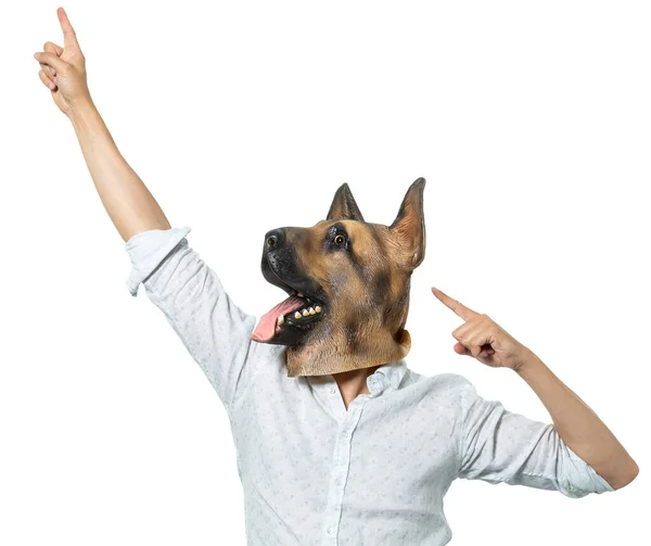 Man Wearing Dog Mask Pointing Celebration Pose Isolated White Background — Stock Photo, Image