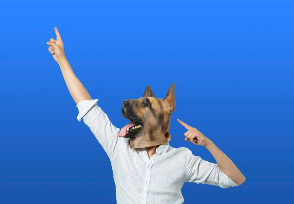 Mann Mit Hundemaske Zeigt Feierpose Nach Oben Vereinzelter Blauer Hintergrund — Stockfoto