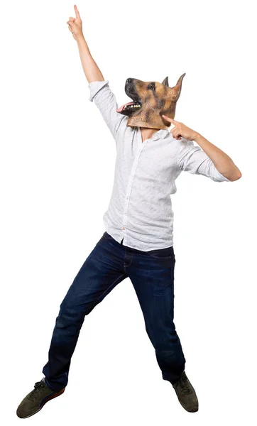 Homem Usando Máscara Cão Apontando Para Cima Pose Celebração Fundo — Fotografia de Stock