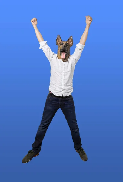 Hombre Con Máscara Perro Levantando Brazos Con Los Puños Cerrados —  Fotos de Stock