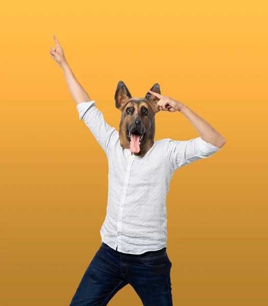 Man Wearing Dog Mask Looking Camera Pointing Celebration Isolated Yellow — Stock Photo, Image