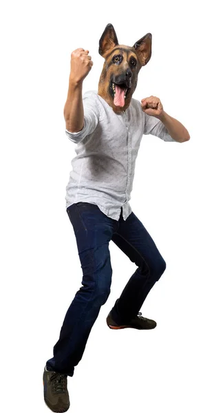 Man Wearing Dog Mask Raising Fist Camera Fight Stance Full — Stock Photo, Image