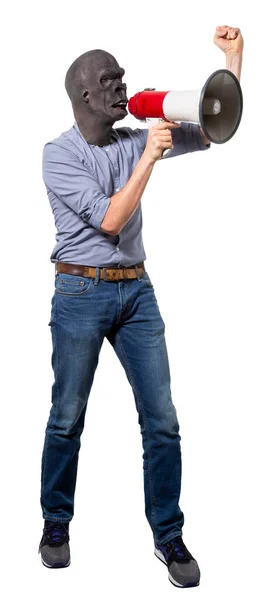 Man Wearing Gorilla Mask Using Megaphone Raised Fist Isolated Cutout — Stock Photo, Image