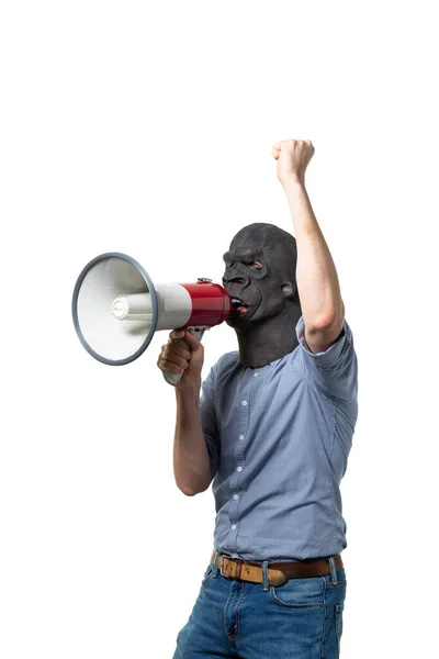 Homme Masque Gorille Protestant Sur Mégaphone Découpe Isolée Sur Fond — Photo